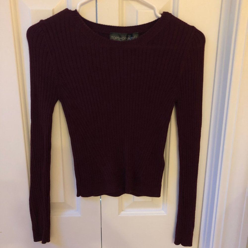 Topshop Maroon Ribbed Long Sleeve Cropped-Size 2P